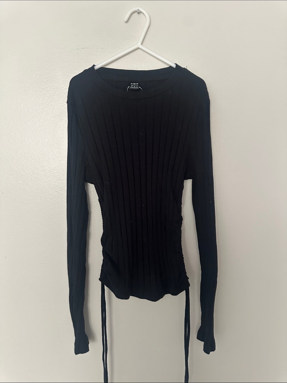 SHEIN Black Ribbed Long-Sleeve Top with Side Drawstrings